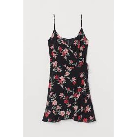 H&M Divided Flounced Wrap Dress Black Floral Mini Size 4 Small S FEMININE SUMMER - Picture 1 of 5
